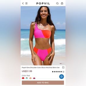 Popvil One Shoulder Color Block Mid Rise Bikini Set - Pink/Orange